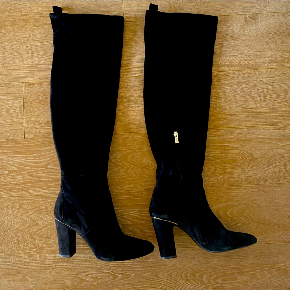 DKNY black suede thigh high boots